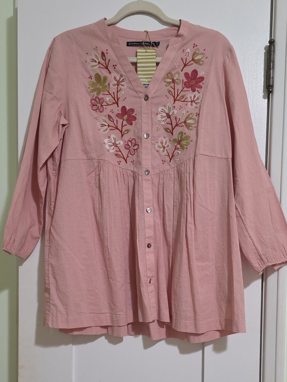 Gudrun Sjoden Embroidered Top Organic Cotton Mother Of Pearl Buttons Women S NWT
